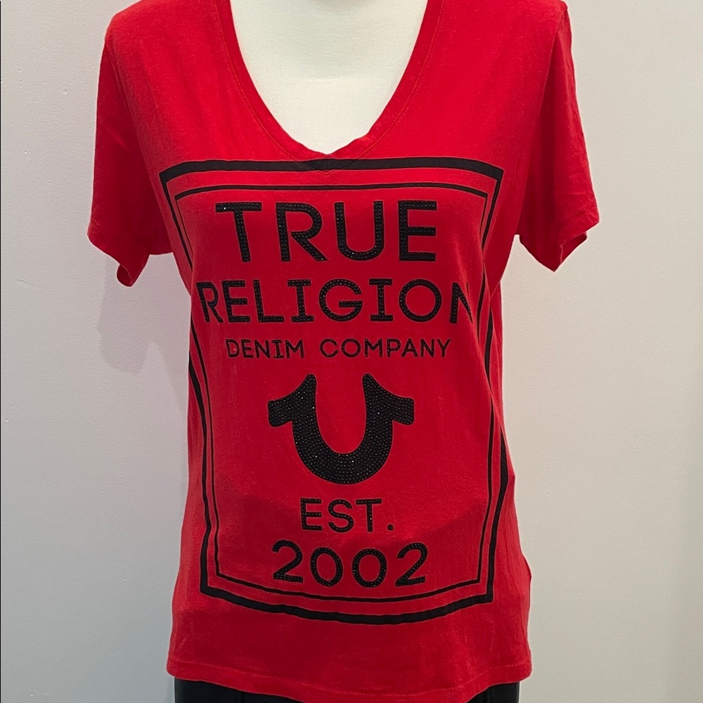 True Religion Beaded Graphic Tee, all cotton. Signature logo. See description.
